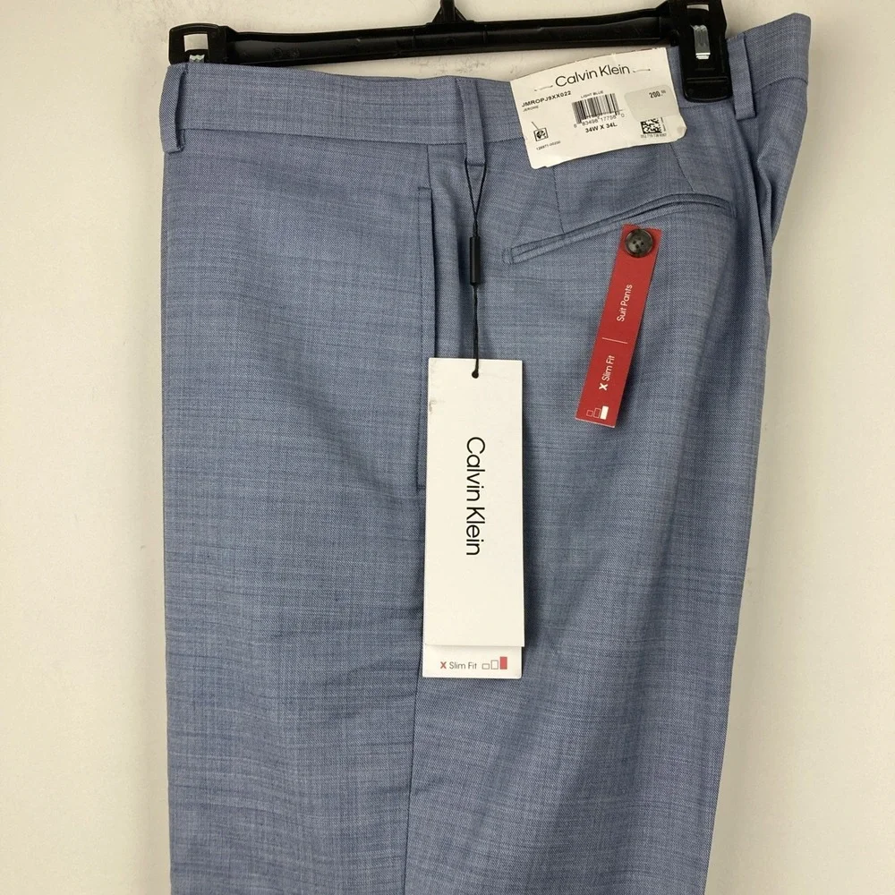 Calvin Klein Mens Slim fit Dress Pants 34W 34L‎ Light Blue Solid Stretch
